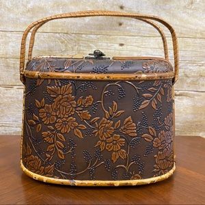 Wood purse box bag tooled floral Asian inspired small